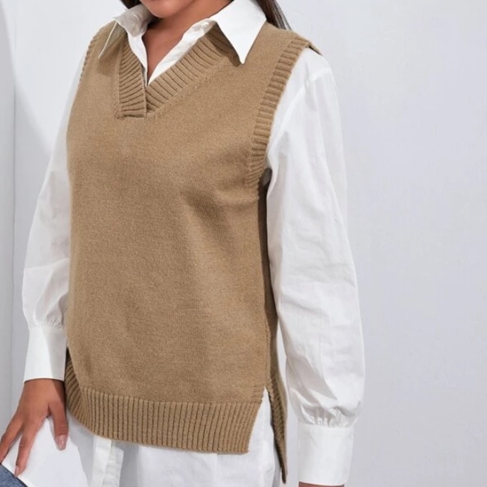 tan v neck Sweater vest - Picture 4 of 6